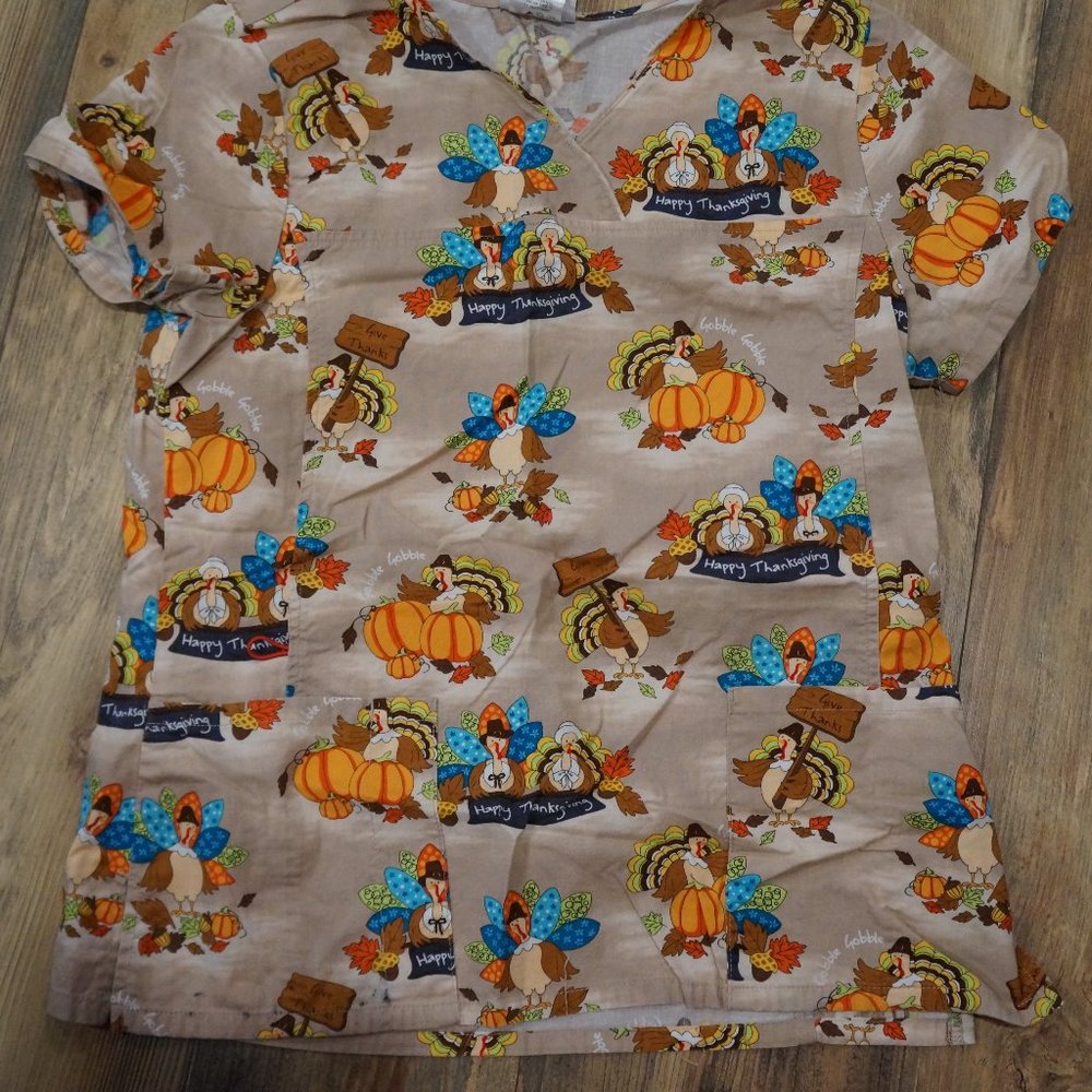 Scrub Star Tan Thanksgiving Women's Scrub Top - USED